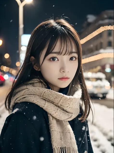 (A close-up of one girl is、Has long hair with dull bangs in winter uniform and a scarf coat:1.5)、(One girl with sad face and hai...