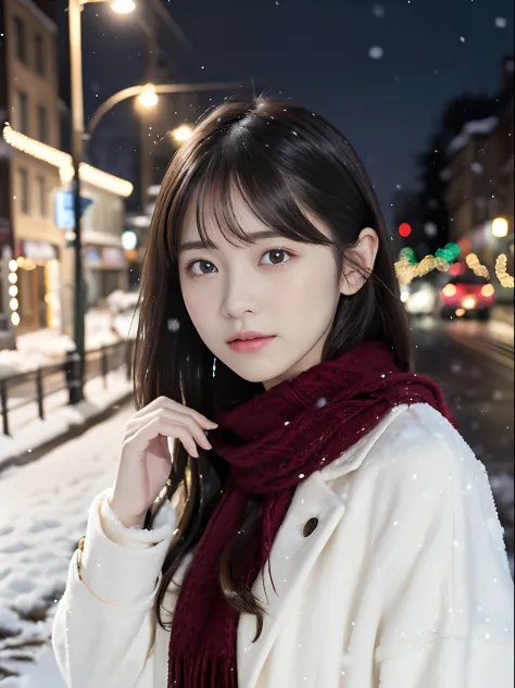 (A close-up of one girl is、Has long hair with dull bangs in winter uniform and a scarf coat:1.5)、(One girl is crying and hair fl...