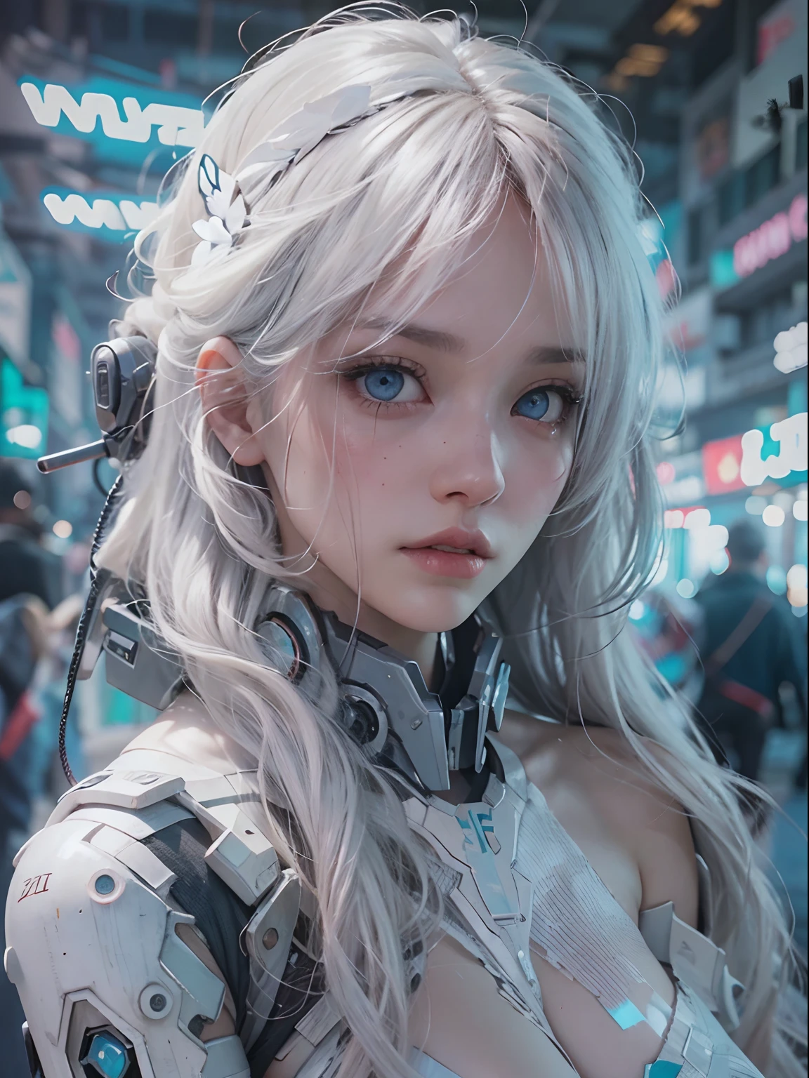 nsfw, 1girl, nude, full body, cyberpunk, mecha, mechanics, (masterpiece: 1.4), (8K, realistic, raw photo, best quality: 1.4), naked, nipple areola shape clear, beautiful breasts, Japanese girl, beautiful cute face, (real face: 1.4), perfect pussy, beautiful hairstyle, realistic blue eyes, beautiful detail eyes, (real skin: 1.3), beautiful skin, attractive, angry face, ultra high resolution, ultra realistic, cinematic lighting, white colored hair, long hair, ribbons, city ruins, futuristic world