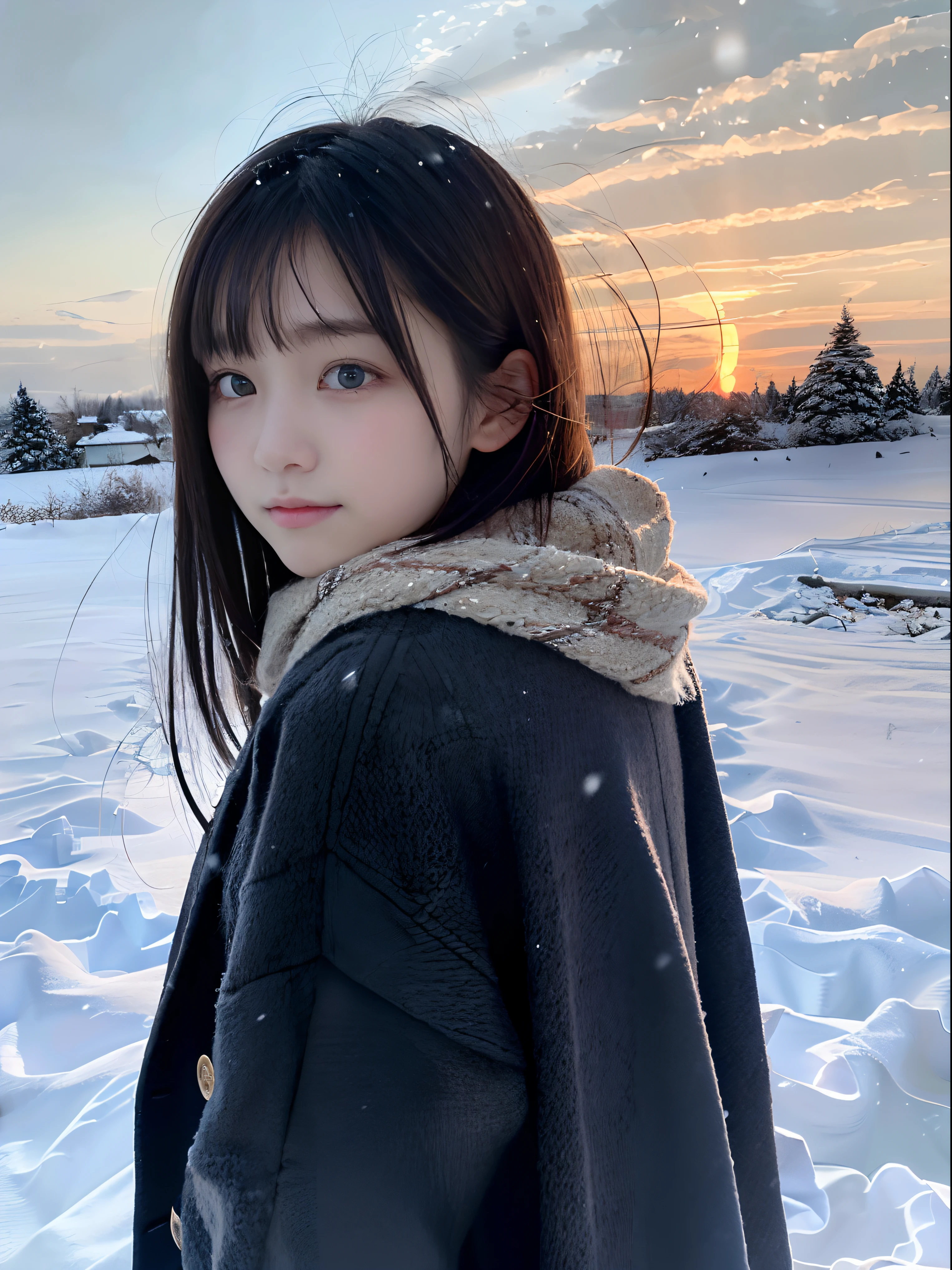 (A close-up portrait from behind of one slender girl has long hair with dull bangs and a scarf coat in winter uniform:1.5)、(One girl turned around and  saw me with a sad face with hair fluttering in the wind :1.3)、(Beautiful snowy sunset sky:1.5)、(Perfect Anatomy:1.3)、(No mask:1.3)、(complete fingers:1.3)、Photorealistic、Photography、masutepiece、top-quality、High resolution, delicate and pretty、face perfect、Beautiful detailed eyes、Fair skin、Real Human Skin、pores、((thin legs))、(Dark hair)