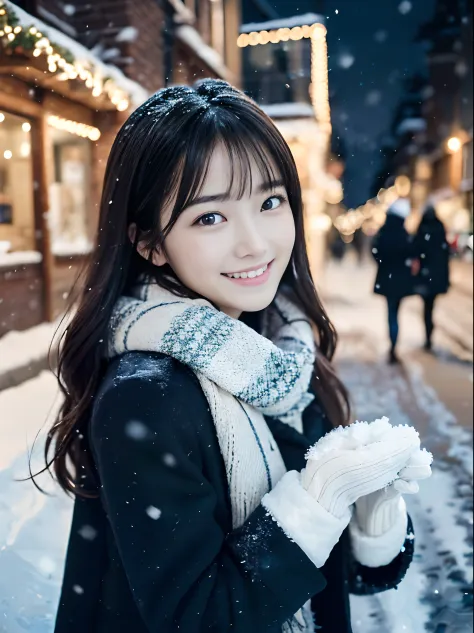 (Close-up portrait of one girl has long hair with dull bangs in a winter uniform and scarf coat:1.5)、(One girl with a shy smile ...