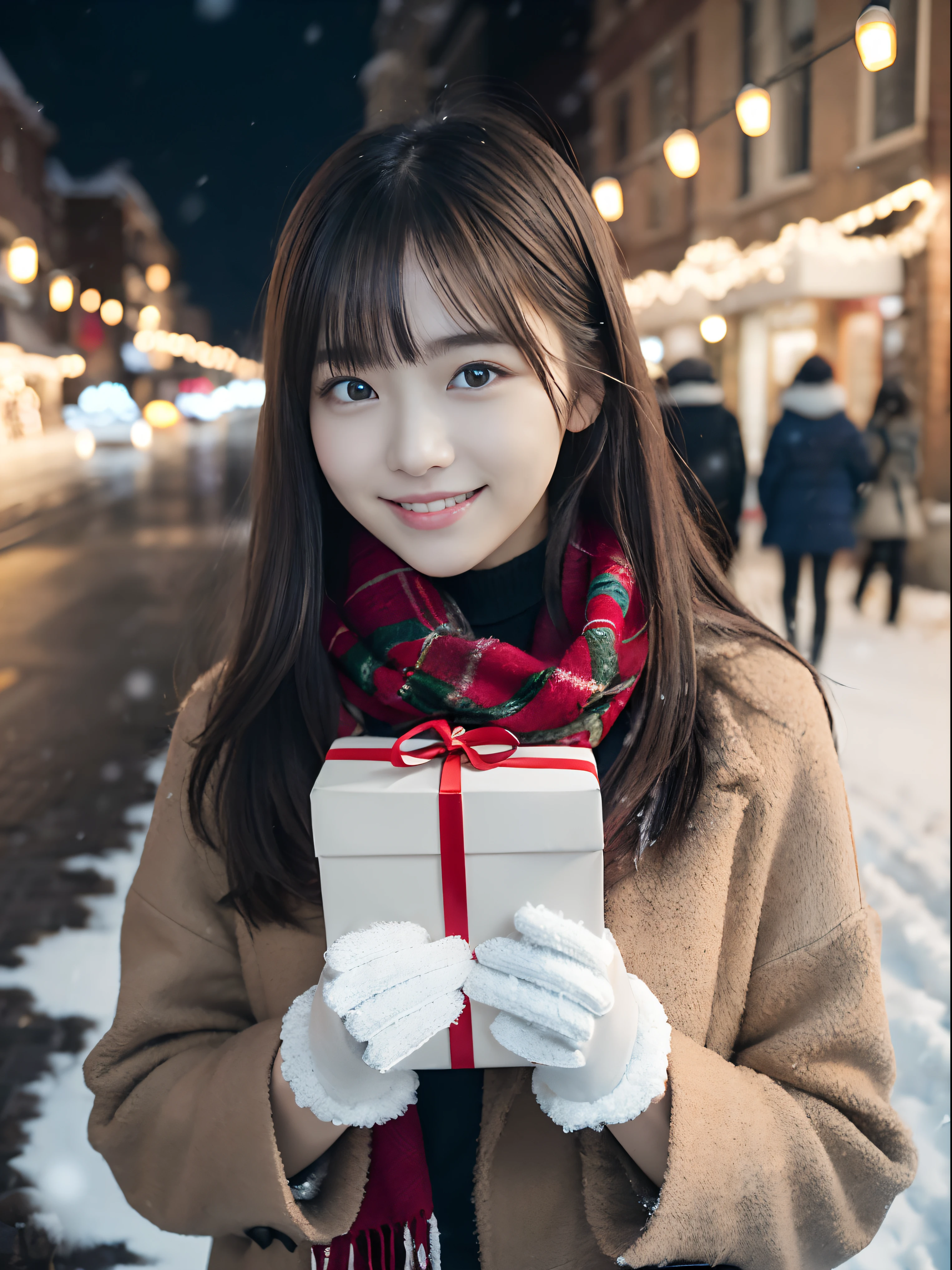 (Close-up portrait of one girl has long hair with dull bangs in a winter uniform and scarf coat:1.5)、(One girl with a shy smile has a gift box in hand  with gloves:1.5)、(Snowy winter night street corner with Christmas lights:1.5)、(Perfect Anatomy:1.3)、(No mask:1.3)、(complete fingers:1.3)、Photorealistic、Photography、masutepiece、top-quality、High resolution, delicate and pretty、face perfect、Beautiful detailed eyes、Fair skin、Real Human Skin、pores、((thin legs))、(Dark hair)