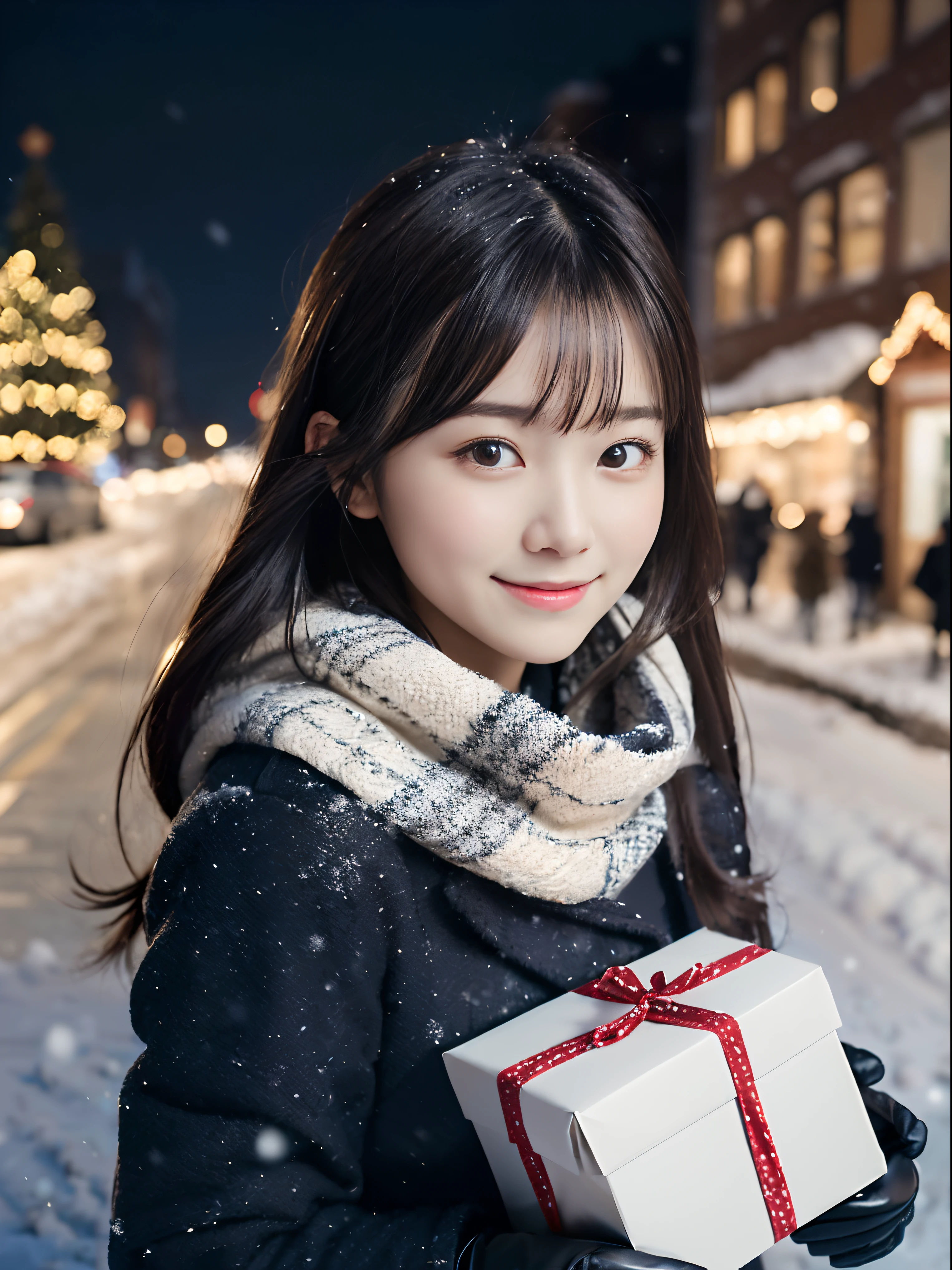 (Close-up portrait of one girl has long hair with dull bangs in a winter uniform and scarf coat:1.5)、(One girl with a shy smile has a gift box in hand  with gloves:1.5)、(Snowy winter night street corner with Christmas lights:1.5)、(Perfect Anatomy:1.3)、(No mask:1.3)、(complete fingers:1.3)、Photorealistic、Photography、masutepiece、top-quality、High resolution, delicate and pretty、face perfect、Beautiful detailed eyes、Fair skin、Real Human Skin、pores、((thin legs))、(Dark hair)