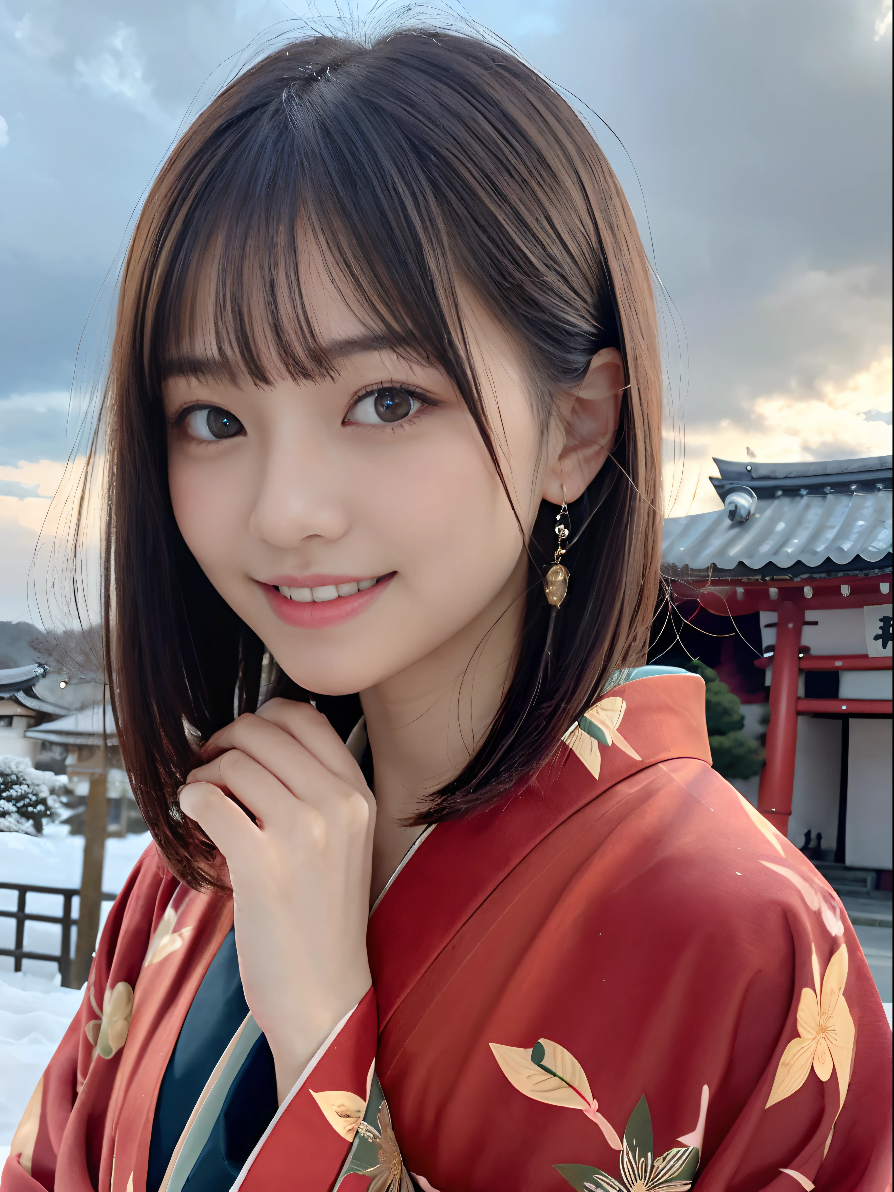 (Close up portrait of girl with dull bangs dumpling hair in beautiful glamorous kimono:1.5)、(One of the girls worshipping the shrine of Japan with a smile:1.3)、(A shrine in Japan with a winter sky:1.5)、(Perfect Anatomy:1.3)、(No mask:1.3)、(complete fingers:1.3)、Photorealistic、Photography、masutepiece、top-quality、High resolution, delicate and pretty、face perfect、Beautiful detailed eyes、Fair skin、Real Human Skin、pores、((thin legs))、(Dark hair)