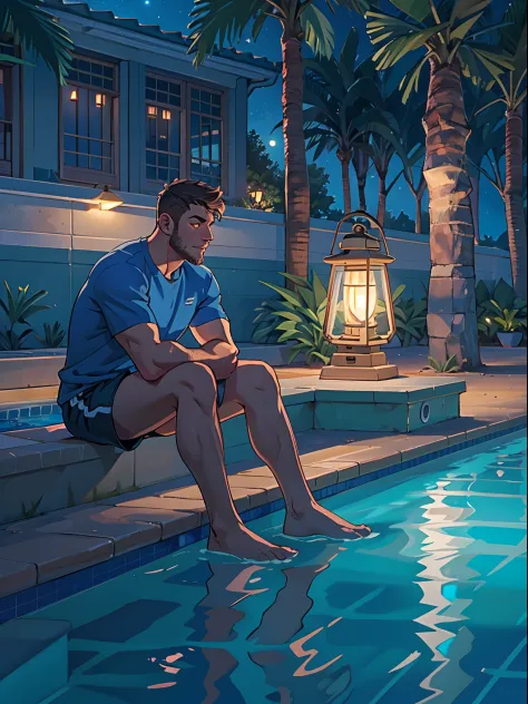 a man sitting near the swimming pool, wearing a long shorts, night light view, half moon, blue lights under the swimming pool, l...