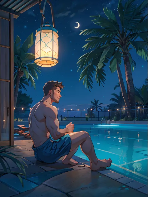 a man sitting near the swimming pool, wearing a long shorts, night light view, half moon, blue lights under the swimming pool, l...