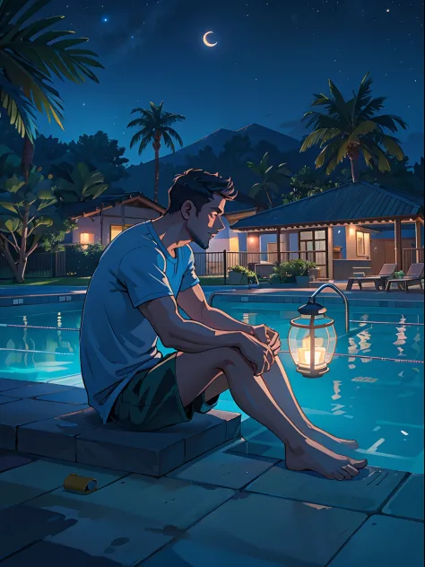 a man sitting near the swimming pool, wearing a long shorts, night light view, half moon, blue lights under the swimming pool, l...