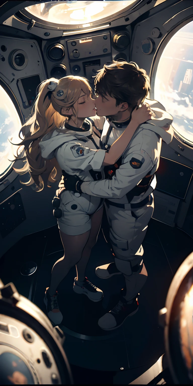 Absurd resolution, high resolution, (masterpiece:1.4), ultra-detailed, 1girl and 1boy kissing, in a spacesuit, seen from above, space, floating, satellite, outer space operation, wide-angle lens distortion