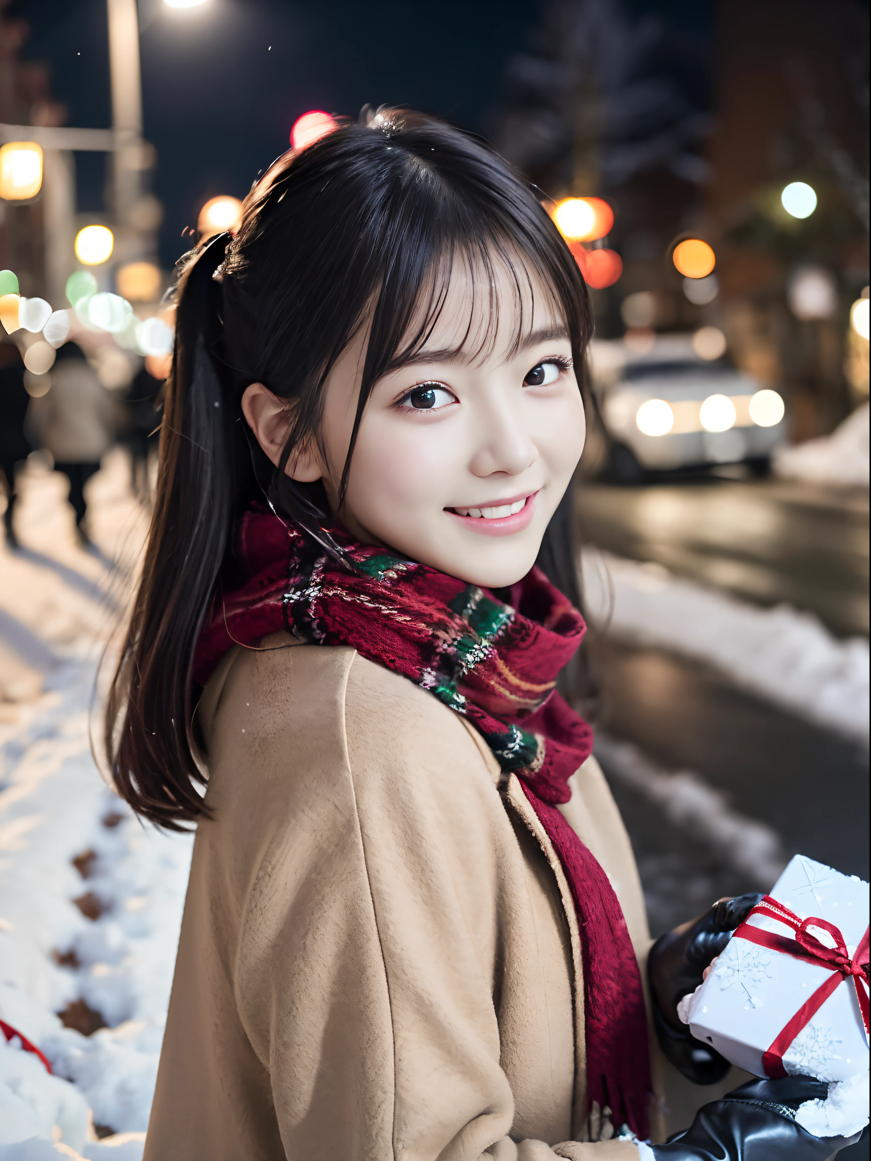 (Close-up portrait of one girl has twin-tailed hair in a winter uniform and scarf coat:1.5)、(One girl with a shy smile has a gift box in hand  with gloves:1.5)、(Snowy winter night street corner with Christmas lights:1.5)、(Perfect Anatomy:1.3)、(No mask:1.3)、(complete fingers:1.3)、Photorealistic、Photography、masutepiece、top-quality、High resolution, delicate and pretty、face perfect、Beautiful detailed eyes、Fair skin、Real Human Skin、pores、((thin legs))、(Dark hair)