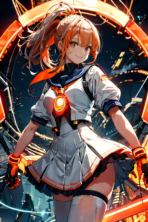 Cybernetic arm and glowing cyber girl,(J Women's Uniform,a sailor suit,White skirt,),Intense body movements,Add a motion blur ef...