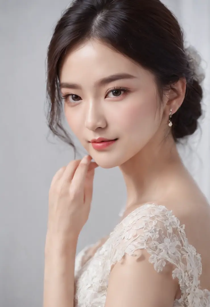 (Best quality, 8K, masterpiece:1.3)) , (one person: 1.4), 1girl, a Korean woman, a goddess, 25 years old, portrait photography, high contrast, God perspective, aperture F1.2, focal length 24mm, ( Full body: 1.2), smile, pose for photos, fine lace, slip dre...