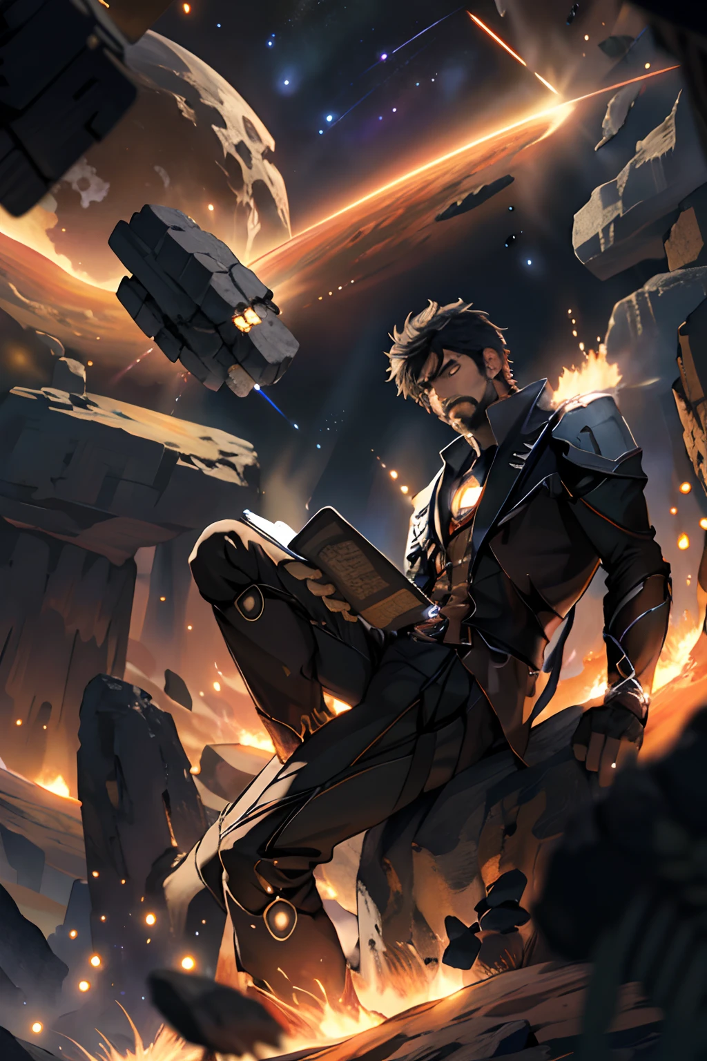 Draw a young programmer, sitting on a research platform floating in the middle of an asteroid belt. He is studying with a notebook, surrounded by several asteroids glowing with fiery auras. Dramatic lighting from distant stars and planets illuminates the scene, casting deep shadows on the suit. The young man looks confident and determined, looking at the vast and mysterious universe with wonder and respect,facial hair, cowboy shot,