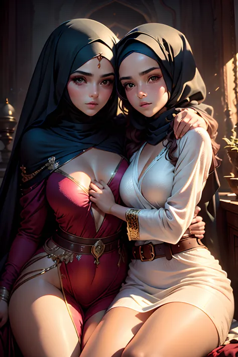 Mavtan Moroccan Islamic surreal super detail,model shoot,two girls sleeping together,duo,Dynamic pose,leering,(Dream belt,Dream robes,Fantastic ribbons),Hug and touch each other,Biting a friend's earlobe, Hug each other from behind, Touch your friend's che...