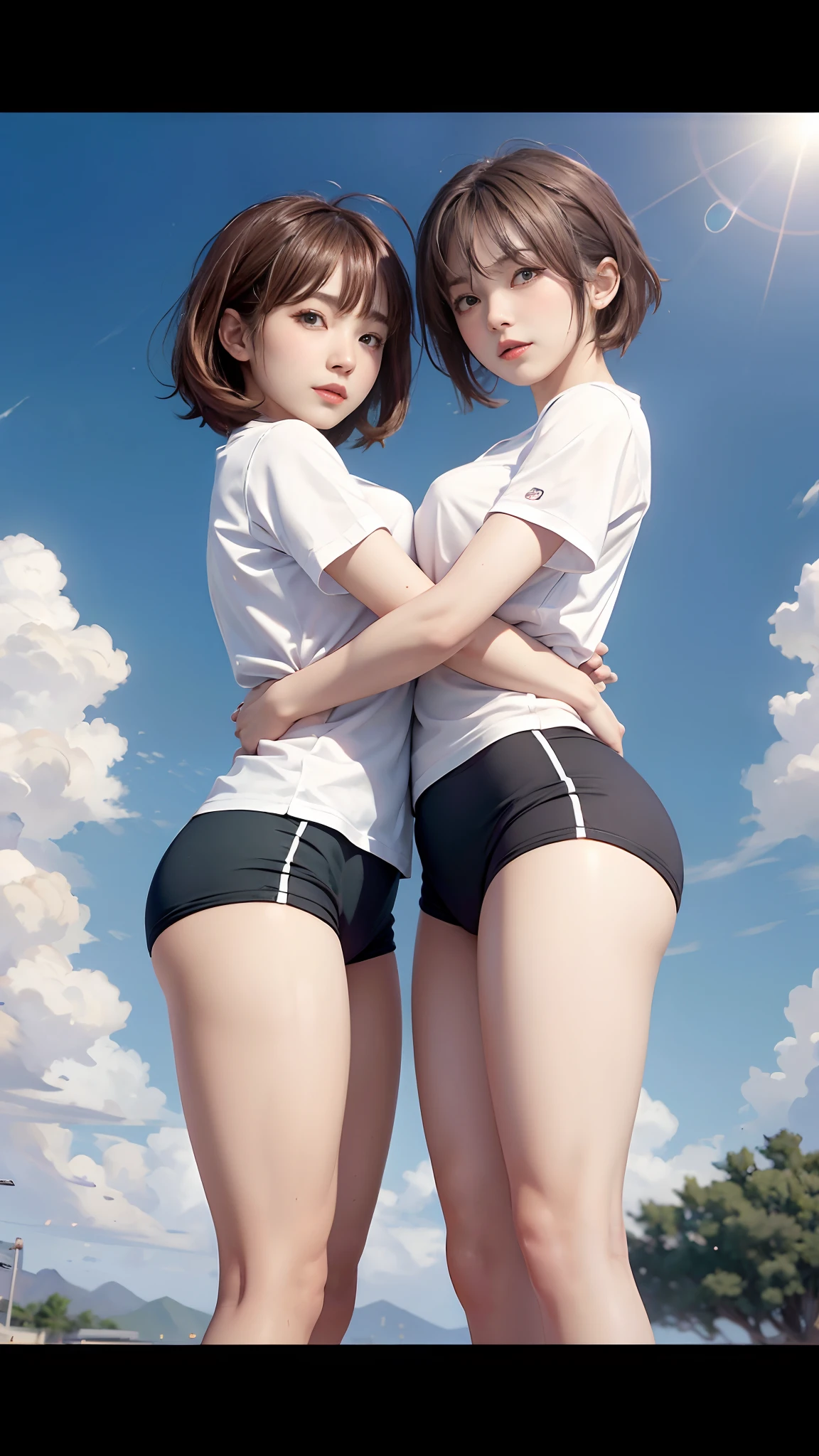 top-quality, ​masterpiece, 16k picture quality, Photonic style, superrealism, Two beautiful women standing facing each other, They wear bloomers and white gym clothes, They stare at me and blush, plump big breasts, short-cut, Bright daylight, a park, Green Tree々,