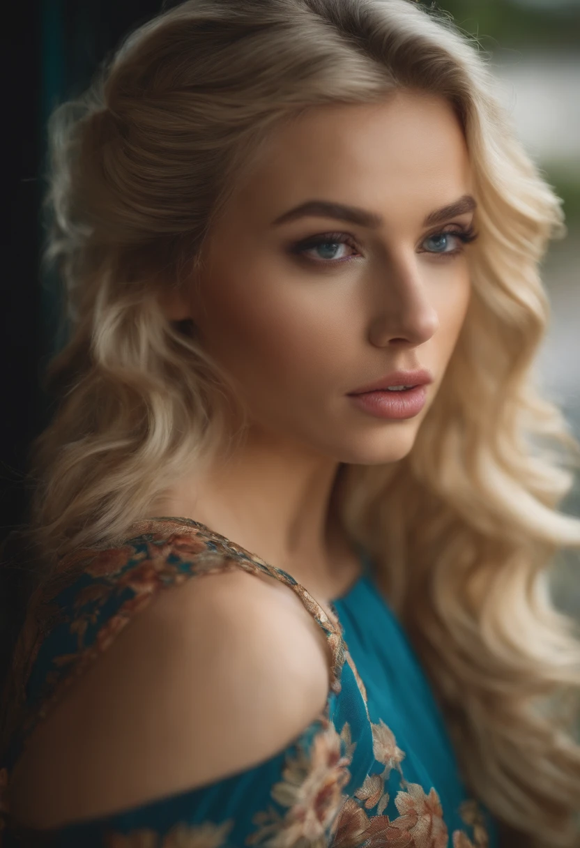 A close up of a woman with long blonde hair and a blue dress - SeaArt AI