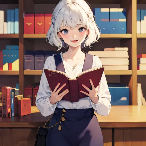 a girl, white or pastel hair, standing reading a book, sorrindo