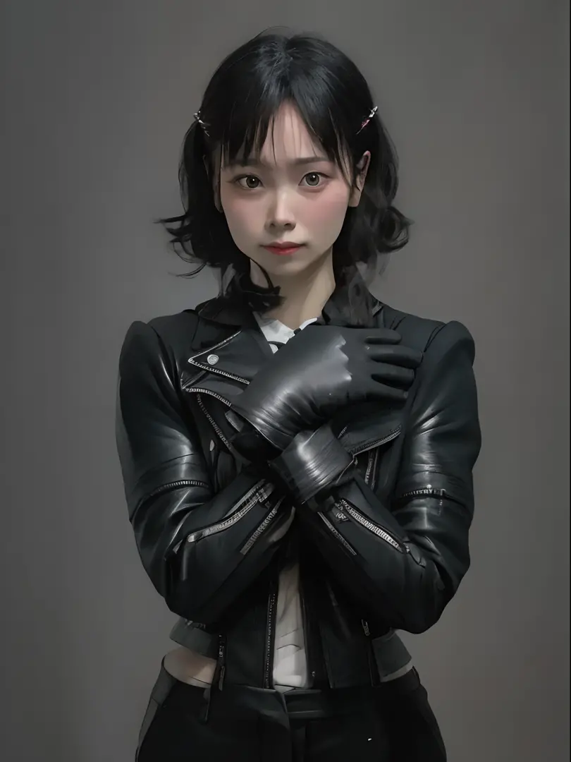 Young Japan woman lifting black suit up to shirt, Black leather gloves worn on both hands, Hands of a woman in a black suit and ...