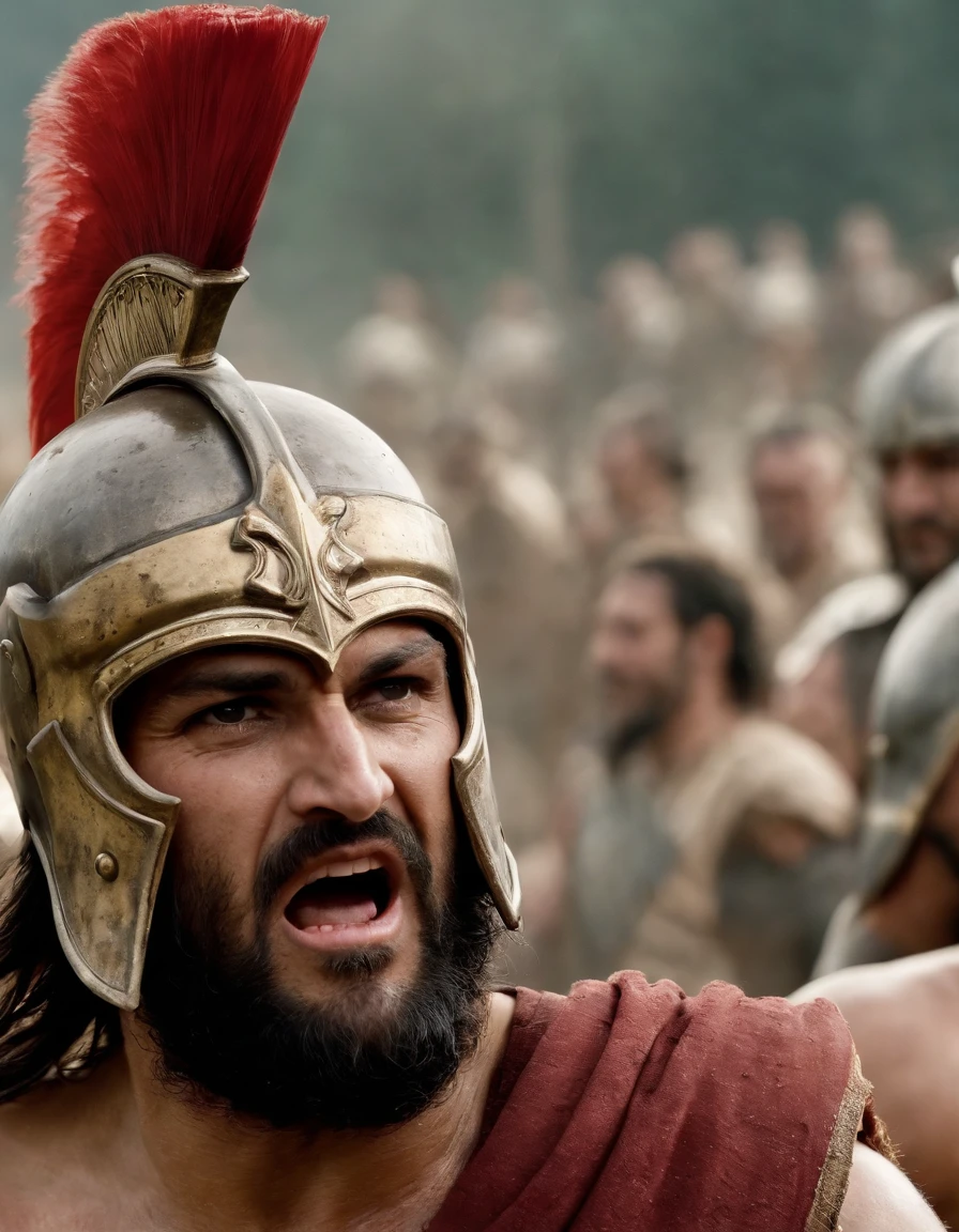 Full portrait of Leonidas from 300 movies. Battle field background.