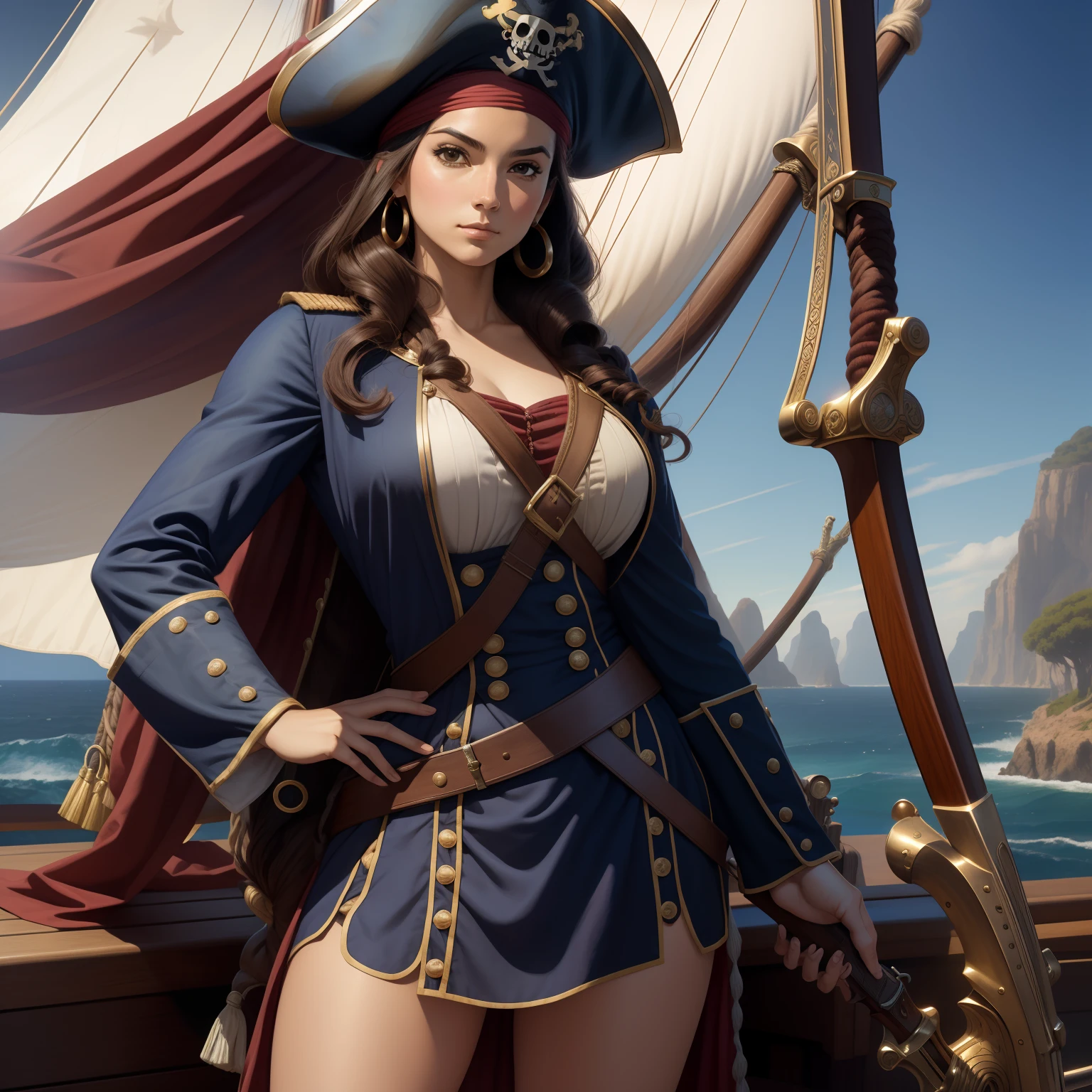 (sfw)Arte inspirada John Buscema,Pirate Captain, Woman, morena, 17th century Spanish uniform, pistola flintlock em seu cinto, Rapier in hand, on the deck of your ship, looking towards the horizon, batalha naval