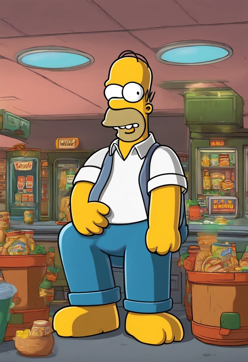 Simpson está parado en una tienda de comestibles con mucha comida. - SeaArt  AI