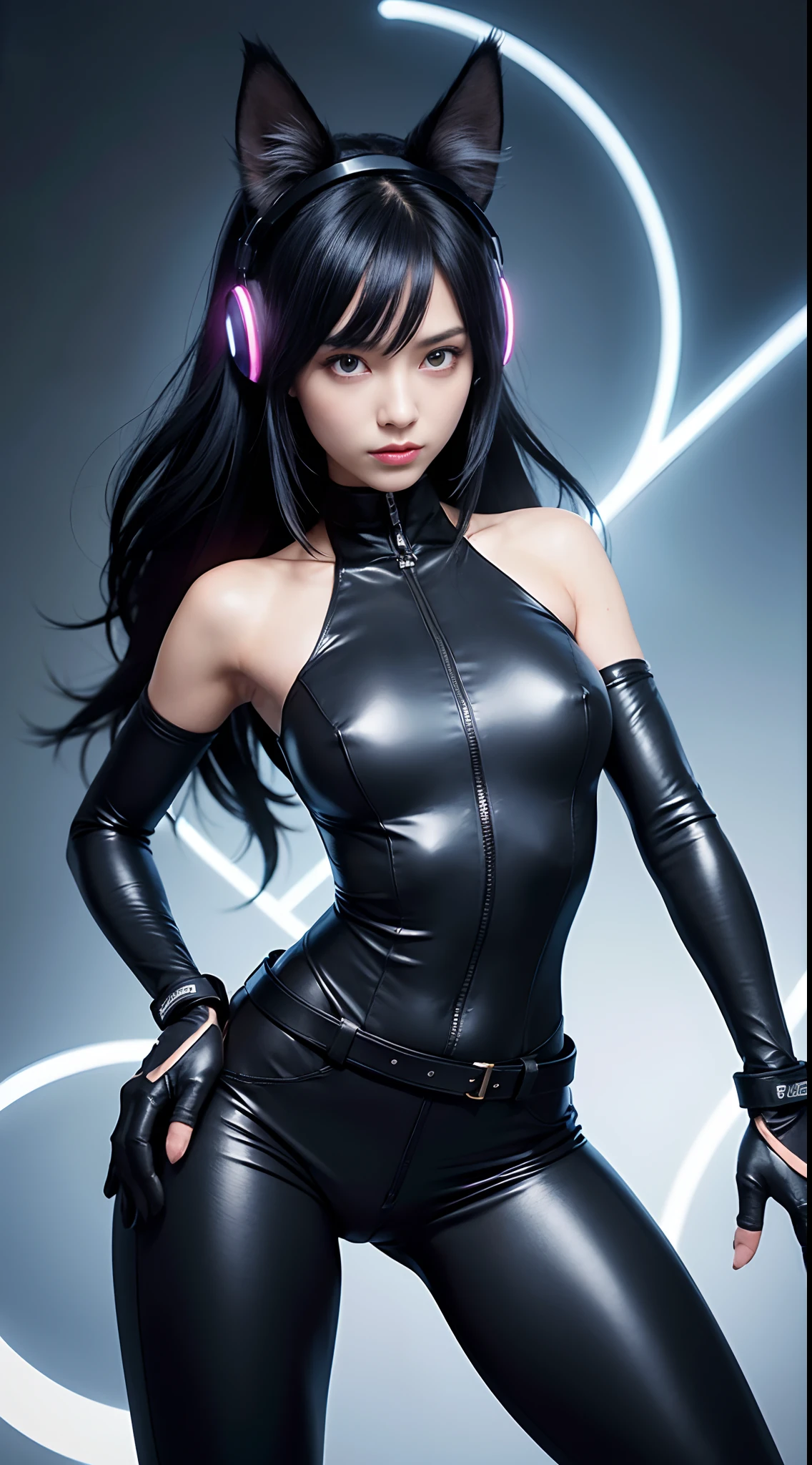 (Best Quality,4K,High resolution), 18yo woman, femele，Feminization of black cats，Cat's ears，Cat Ear Headphones，black longhair，Blue mesh hair，Big eyes，sharp eye，Cold eyes，glares，Big claws，Nail Gloves，Stance，dishevled hair，calm character，Cool Woman，Black and blue，Sleeveless，Tight leather suit，highleg，cross belt，Navel out，Skin revealing，knee sox，garterbelts，Cat tail，Delicately drawn illustrations，Vivid color scheme，colourfull，Delicately expressed body，Delicately realistically reproduced facial expressions，futuristic background，Facial expression camera up