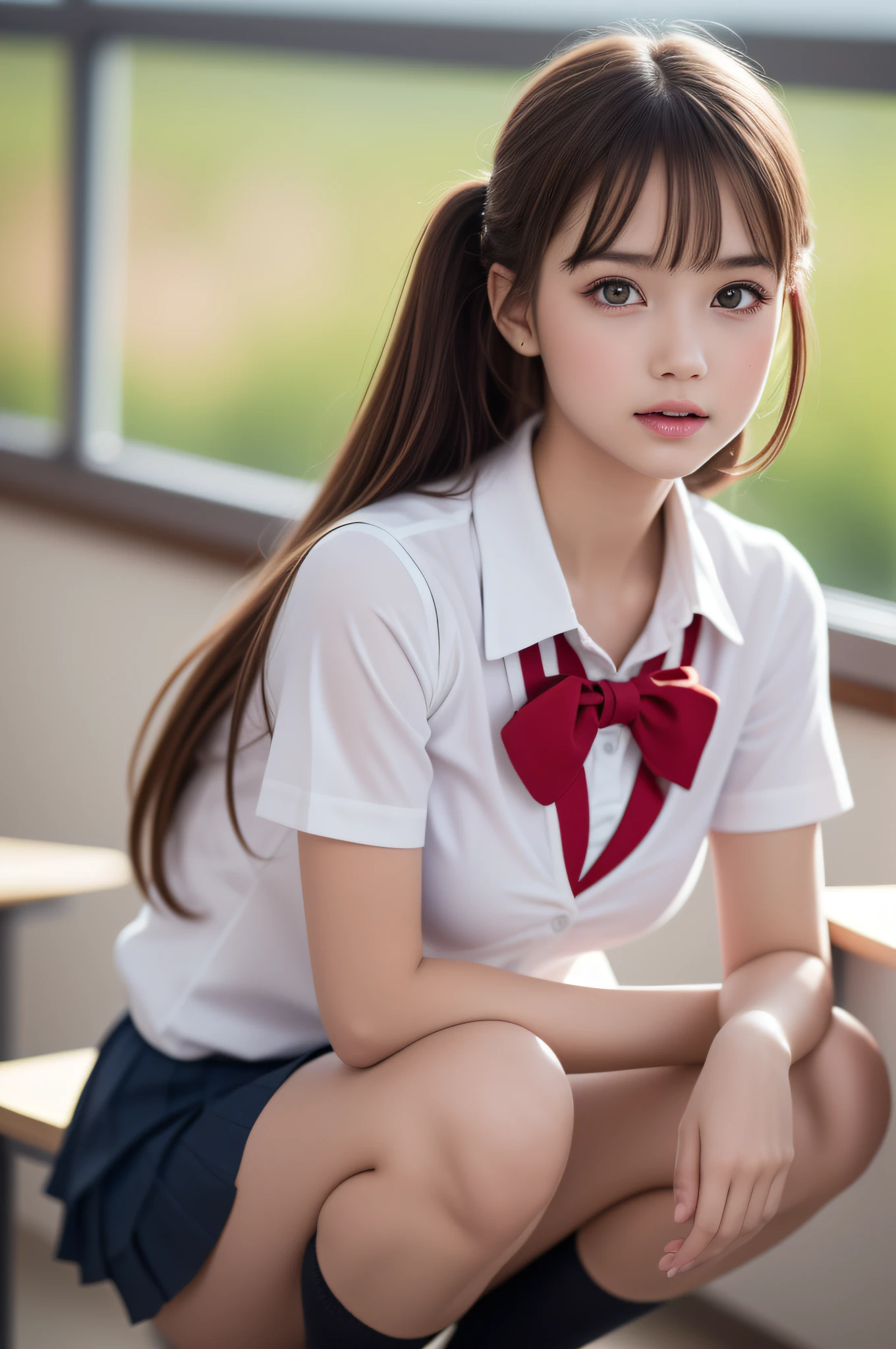 (1young girl), (highly detailed Beautiful face), Amazing face and eyes, (Best Quality:1.4), (Ultra-detailed), (extremely detailed CG unified 8k wallpaper), Highly detailed, High-definition raw color photos, Professional Photography, Realistic portrait, Amazing face and eyes, Pink eyes, (hi-school uniform, pleated mini skirt:1.3), (High school uniform with wide open breasts:1.4), twintails, brown hair, model,  (((Bokeh))), depth of fields, School, classroom, (squatting:1.2), (sheer lace panties:1.2), view from below