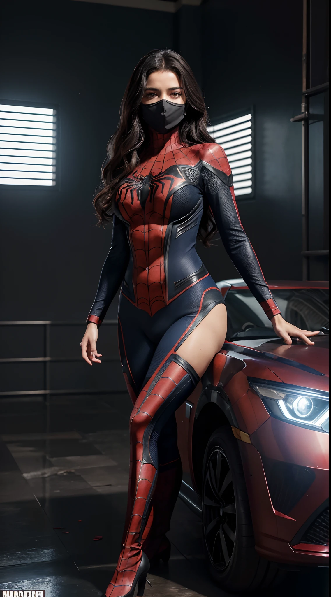 A woman in a spider - man suit posing next to a car - SeaArt AI