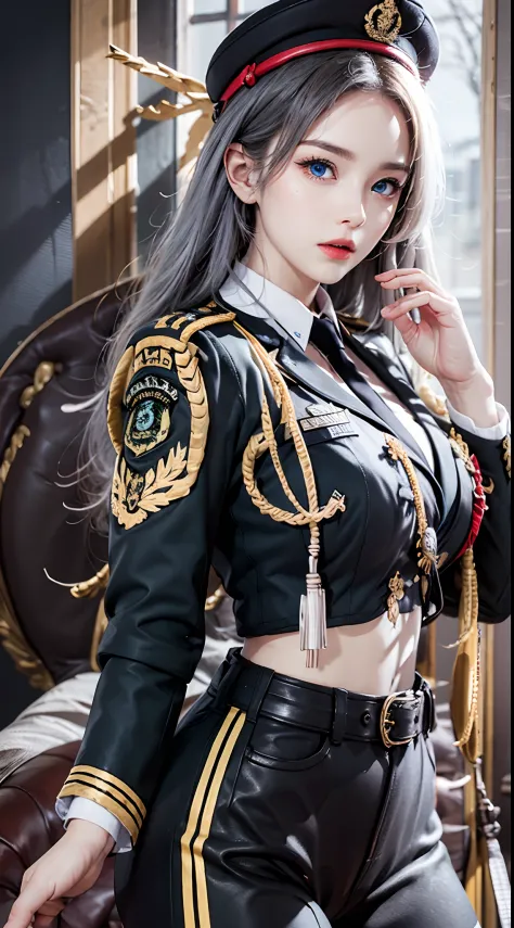 photorealistic, high resolution, soft lights, 1women, solo, hips up, blue eyes, white long hair, military uniform