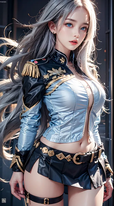 photorealistic, high resolution, soft lights, 1women, solo, hips up, blue eyes, white long hair, military uniform, jacket, shirt...