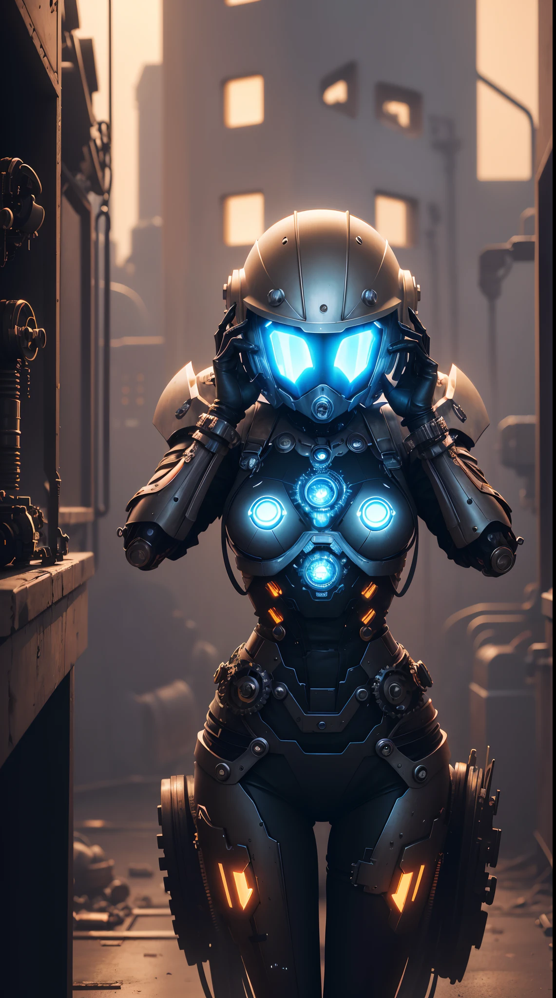 A woman in a futuristic suit with glowing eyes and a helmet - SeaArt AI