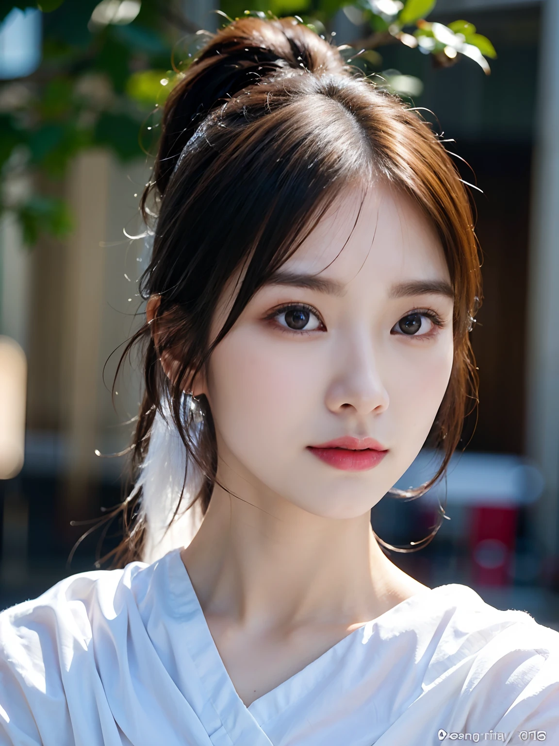 Nahaufnahme einer Frau in weißem Hemd und Pferdeschwanz, Realistisch. Cheng Yi, schöne koreanische Frauen, schönes Porträtbild, Wunderschönes Gesichtsporträt, atemberaubendes Anime-Gesichtsporträt, koreanisches Mädchen, hochwertiges Porträt, schönes zartes Gesicht, fotorealistisches schönes Gesicht, Schöne junge Koreanerin, schönes realistisches Gesicht, süßes zartes Gesicht, Porträt süßes schönes Gesicht