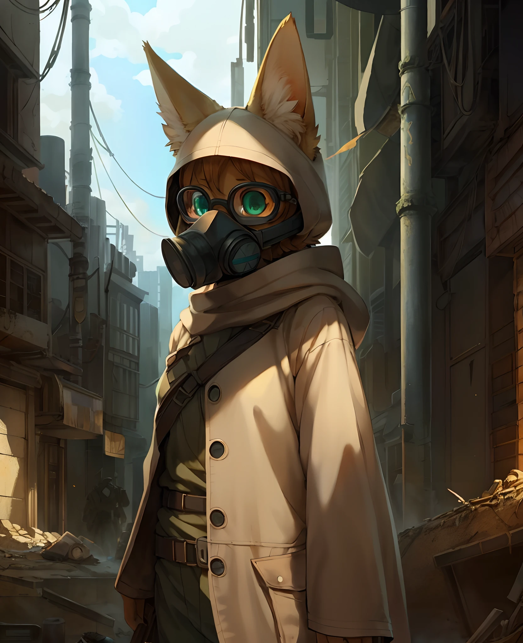 detailed background, post-apocalyptic setting with a hint of desolation in the air, petite cat girl clad in a gas mask and cloak, (her innocent eyes peering through the lenses), wearing a white coat draped over her body, soft fur peeking out from underneath, symbols of survival amidst chaos and decay, a sense of mystery surrounding her as she treads through the remnants of the world, masterpiece, (by noboru murakami:1.0), (by cheesewoo:1.2), (by Fenek:1.1), (by Tofu93:0.9), (by oouna:0.8), (by belka13:0.7)