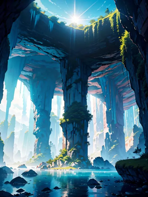 Cave with an opening at the top overlooking the sky, crystal clear lake inside the cave, perfect side vegetation, sun rays entering through the opening at the top of the cave, surprising rock formation, Melisani Cave, (ultra-realistic), {wallpaper of extre...