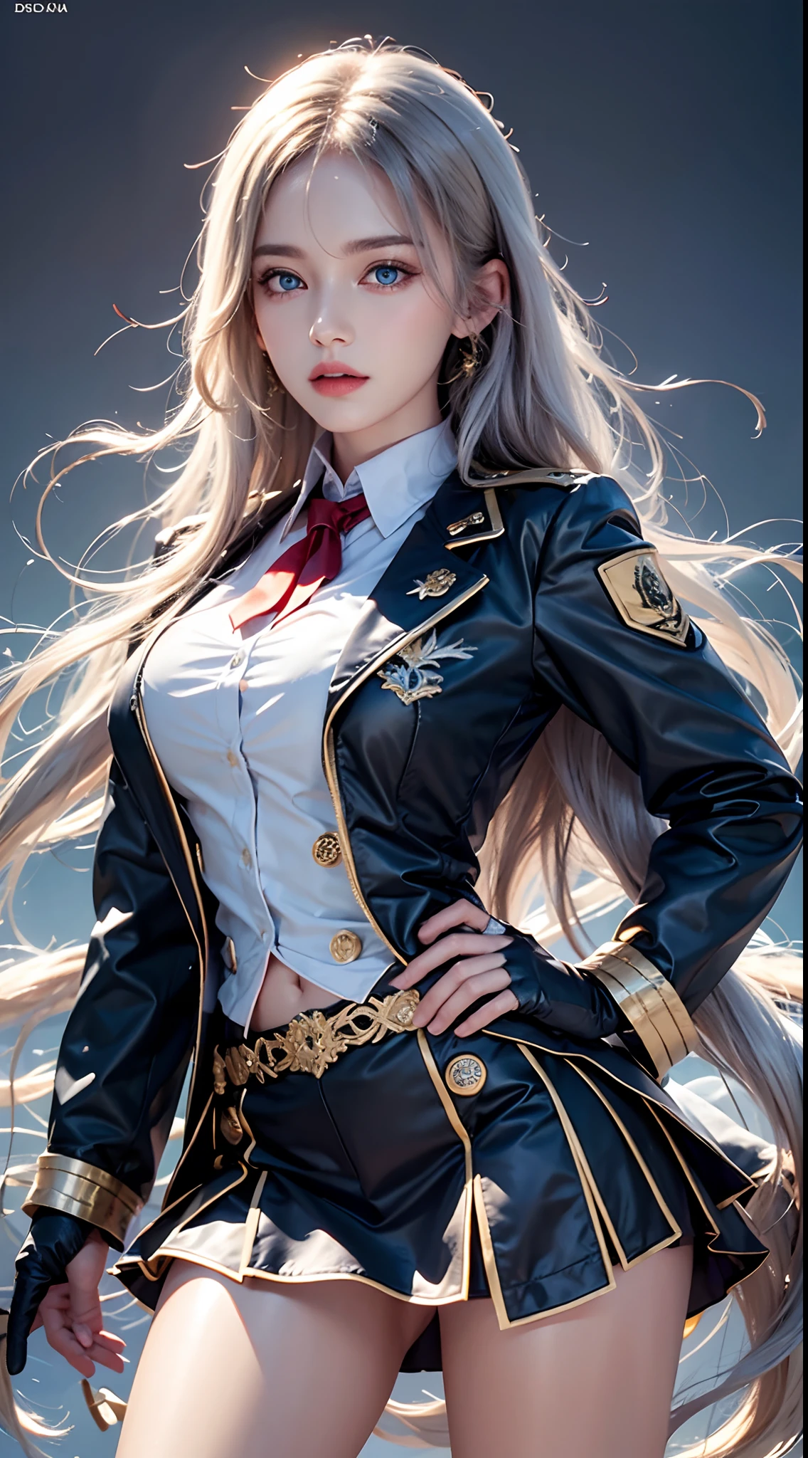 photorealistic, high resolution, soft lights, 1women, solo, hips up, blue eyes, white long hair, military uniform, jacket, shirt, skirt