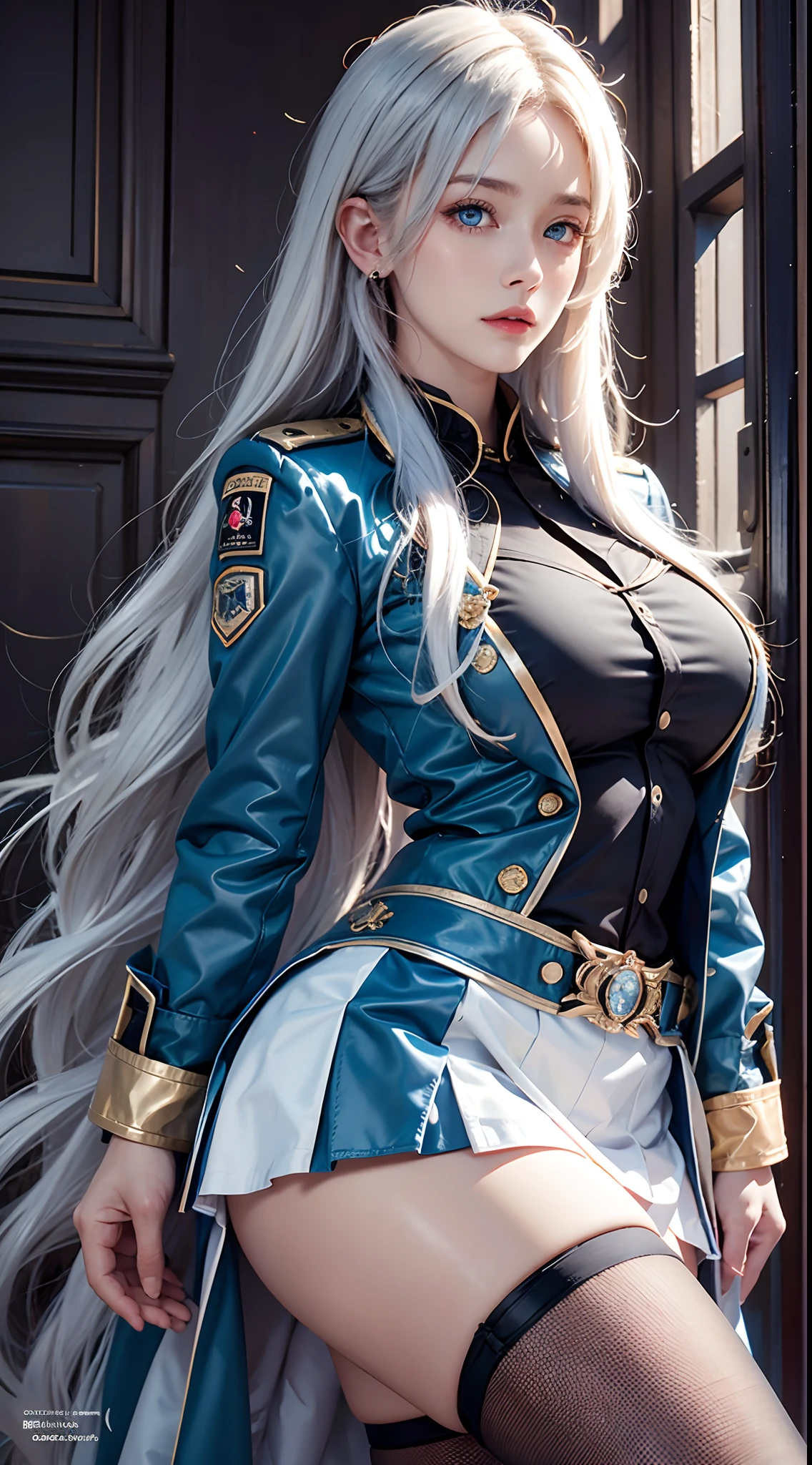 photorealistic, high resolution, soft lights, 1women, solo, hips up, blue eyes, white long hair, military uniform, jacket, shirt, skirt