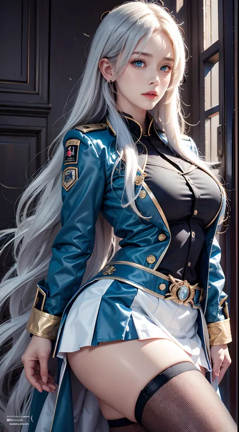 photorealistic, high resolution, soft lights, 1women, solo, hips up, blue eyes, white long hair, military uniform, jacket, shirt...