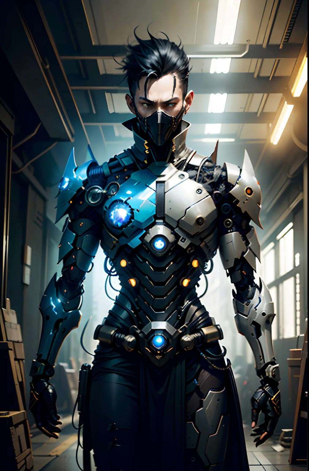Dark_Fantasy、cyberpunked、(Double Sword、Scorpion Cyborg Man、Das Veilchen:1.1)、1man、Mechanical technology、Robot Presence、Ninja-like fighting stance、Cybernetic Guardian、