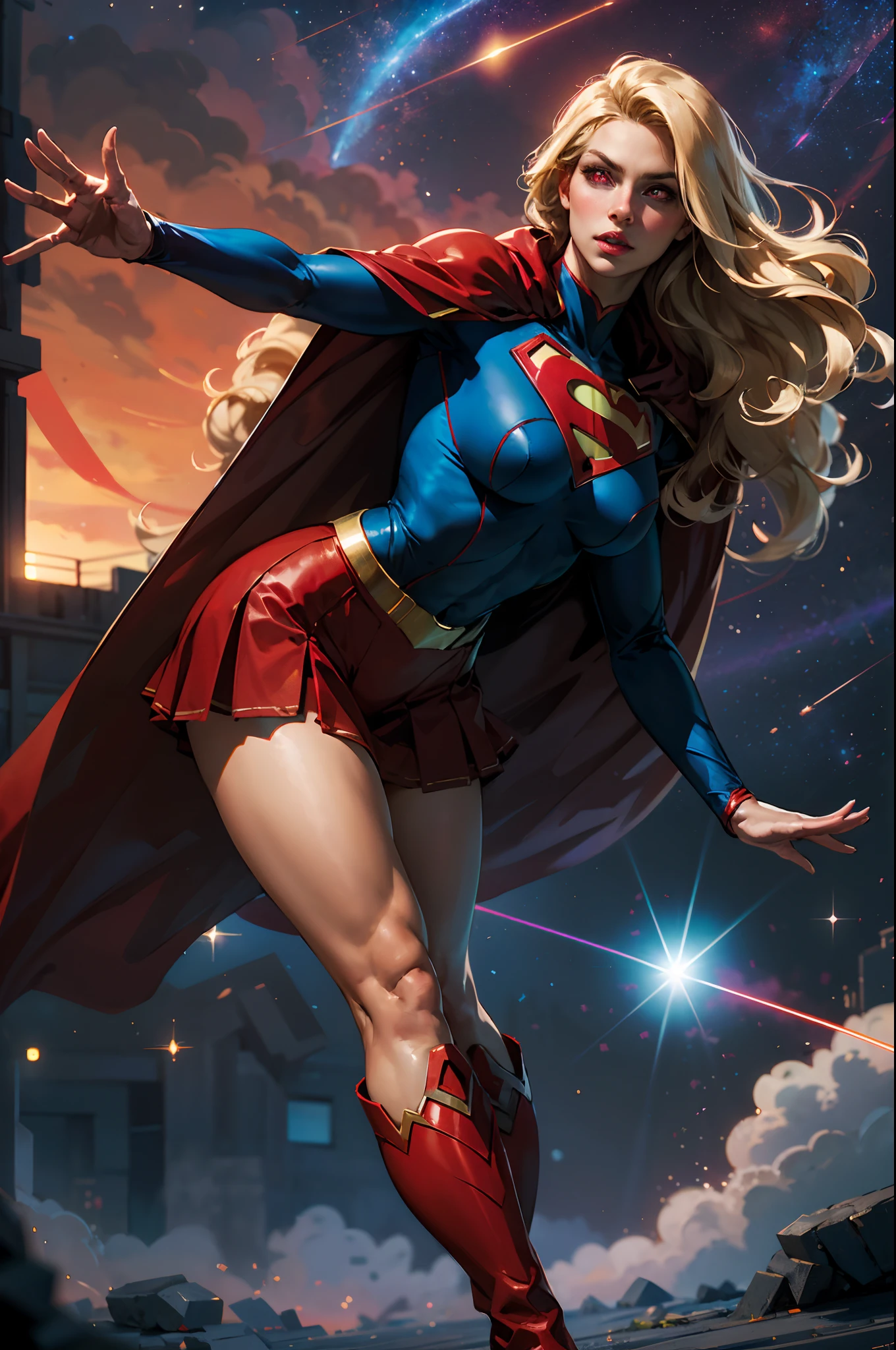 nijistyle, Cowboy shot of beautiful woman in Superman costume, Long Blonde Hair, Heroic, Glowing red eyes, laser eyes, Cape, Particle, skyporn, Red skirt, Red boots, Sexy Pose, large udder, nigh sky, Countless stars, Raise one hand, flying pose,