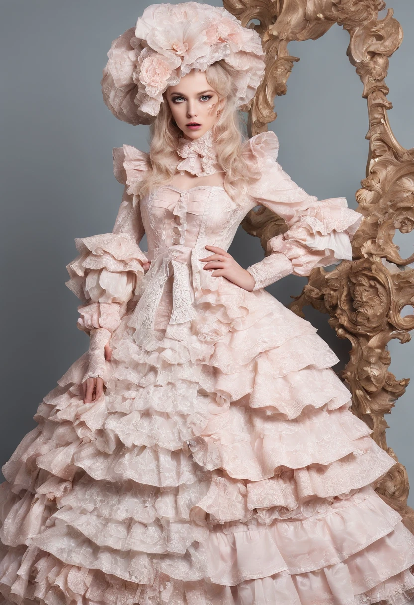 there is a dress on a mannequin, rococo ruffles dress, rococo dress ...