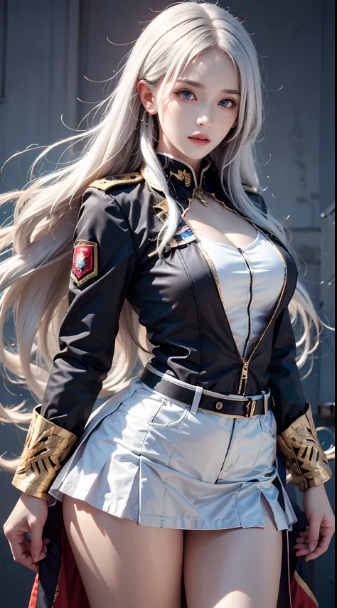 photorealistic, high resolution, soft lights, 1women, solo, hips up, blue eyes, white hair, long hair, military uniform, jacket,...