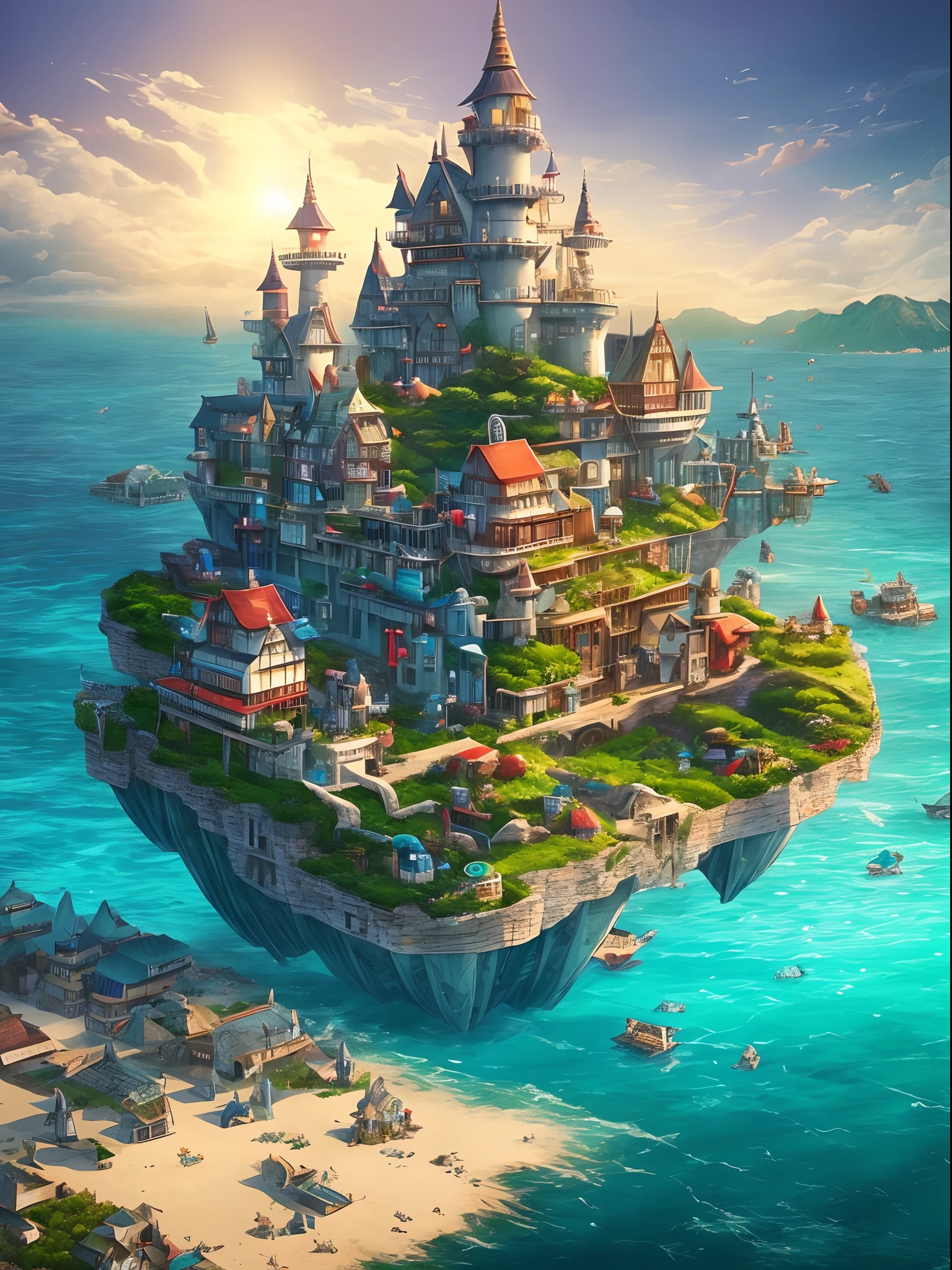 Color (Fantasy: 1.2), (Hayao Miyazaki style), (irregular building floating in the sea),Giant Mobile Castle, patchwork cottages, flower decorations, lights, concept art inspired by Andreas Rocha, Artstation contest winner, Fantasy art, (underwater city), ross tran, light shafts, realistic lighting, masterpiece, high quality, beautiful graphics, high detail, masterpiece, high quality, beautiful graphics, high detail,