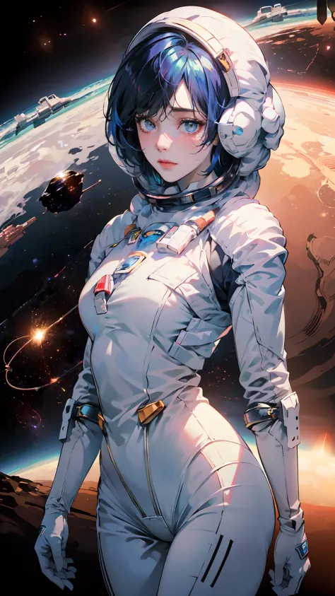 (Innovative spacesuit design)、Create ultra-detailed and futuristic images of beauty astronauts,(Ultra-futuristic design spacesuit) 、(((((A slender)))))、26 year old、Colossal tits、Earth Eye、((((((Photorealsitic)))))、high-level image quality、Raw photo、8K、((((...