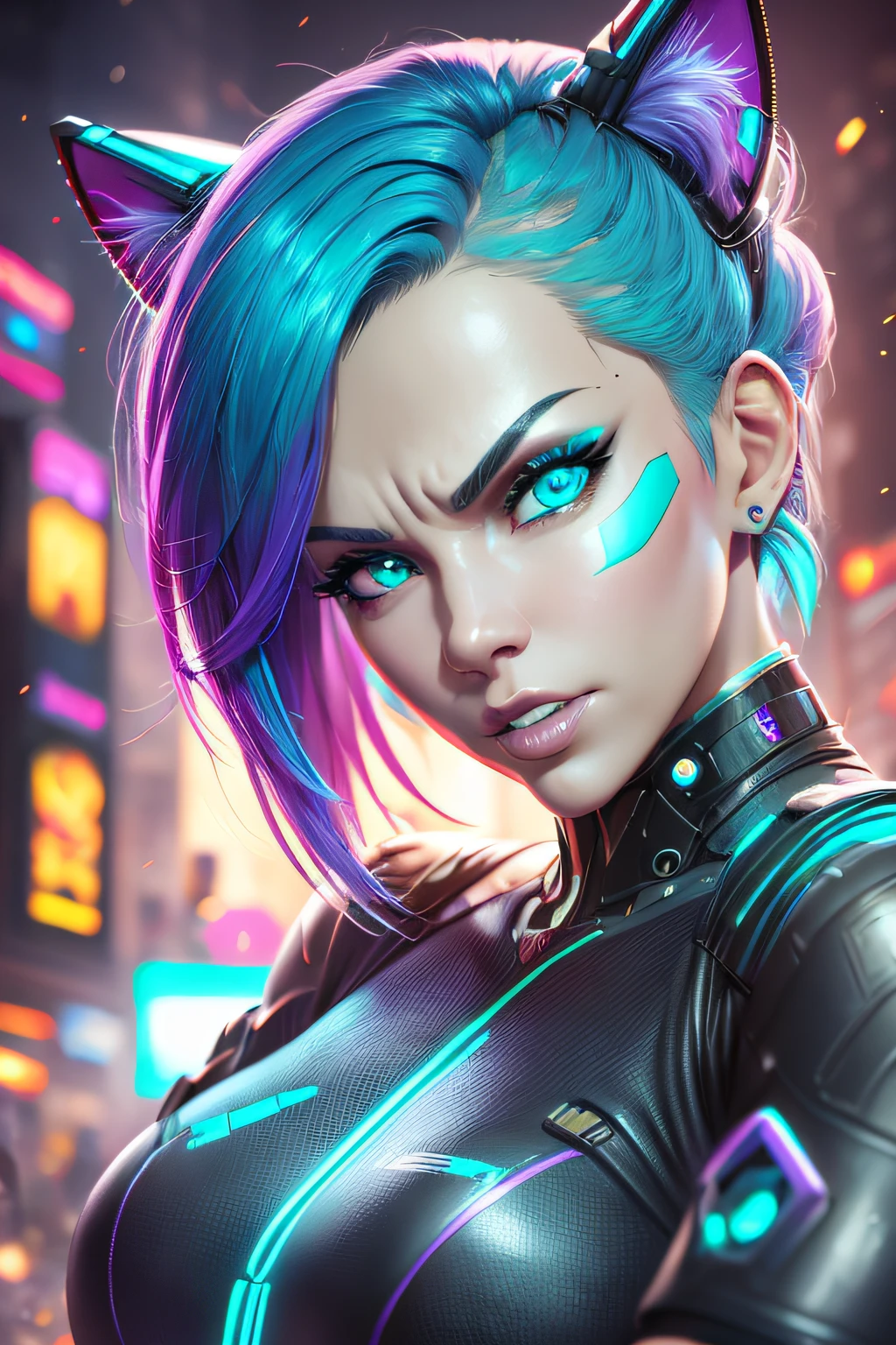 cyberpunk, android, Perfektes Gesicht, Meisterwerk, Kybernetik, mechanisch, mechanisch body, mechanisch cat ears, mechanisch limbs, kybernetisches Gesicht, reifes Gesicht, 30 Jahre alt, Hightech, full of mechanisch and futuristic elements, Futurismus, Lila Lidschatten, türkisfarbene Iris, blaue Iris, ((ultrarealistische Augen)), Arme überkreuzt, verschränkte Arme, 4 Finger und 1 Daumen, wütend, aggressiv, Knurrening, Knurren, spotten, Vorgesetzter, einschüchternd, spottening, einfacher Hintergrund, kurzes Haar, türkises Haar, ((bright türkises Haar)), türkise Farben, Ganzkörper, allein, Erwachsene, Allein, Bekleidet, fully Bekleidet, enger Neon-Body, beste Qualität, ((ultrarealistische Details)), Unreal Engine, scharfer Fokus, epische Charakterkomposition, natürliche Beleuchtung, f2-Blende und 35-mm-Objektiv schaffen eine perfekte Balance aus Tiefe und Detail