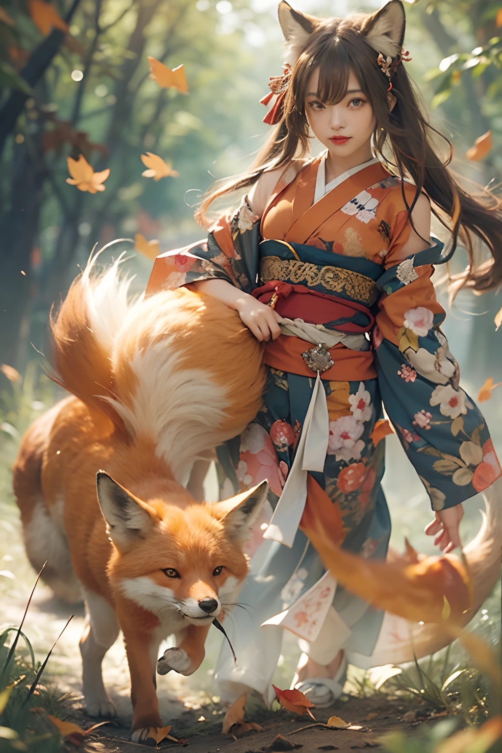 Chica anime con un zorro en un bosque - SeaArt AI