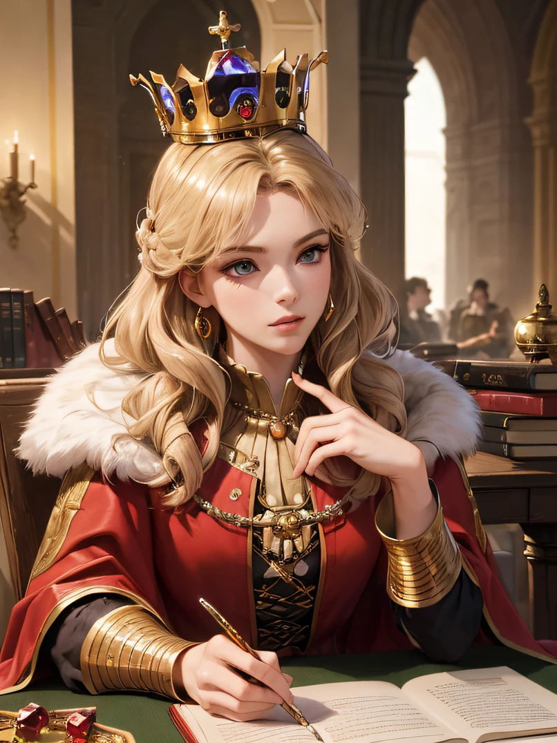 (最高品質、咬筋部分:1.3)、現実的な、現実的、カウボーイショット、アナログスタイル、フェイスライト、美しい女性の見事な肖像画、1人の女性、((戦士の女王の鎧、毛皮の裏地付きケープ、豪華な赤いマント、宝石で飾られた金の王冠))、深刻な、輝く肌、金髪美人、青い目、きりっとした目、超詳細な顔、詳細な目、スリムな体型、デスクワーク、たくさんの本、メモに書き込む、詳細な手の描写、軟便、中世の宮殿のゴシック様式の研究、視聴者を見てください