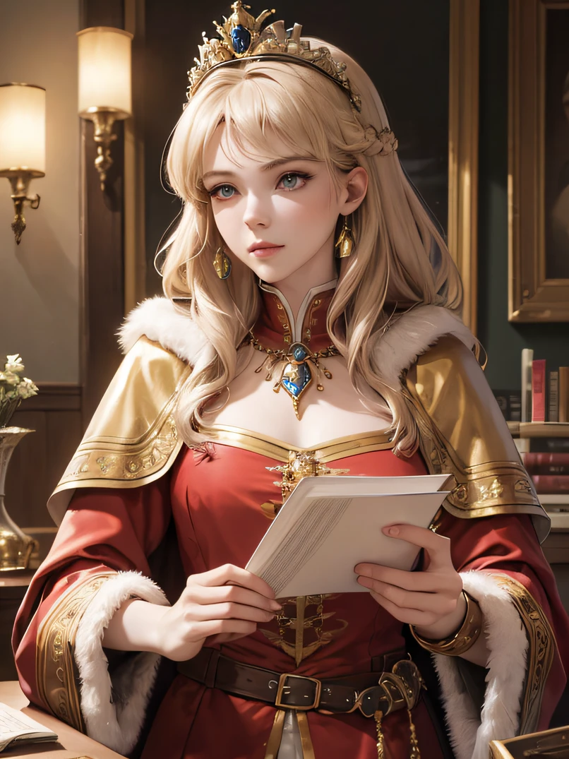 (top-quality、masuter piece:1.3)、reallistic、Realistic、cowboy  shot、analog style、face lights、Stunning portrait of a beautiful woman、1人の女性、((Warrior Queen Armor、Fur-lined cape、Luxurious red cloak、Golden crown adorned with precious stones))、Serious、glistning skin、Blonde Beauty、Blue eyes、Sharp eyes、hyperdetailed face、A detailed eye、slim figure、desk work、Lots of books、Write in a note、Detailed hand depiction、Soft stool、Gothic study of a medieval palace、Look at viewers