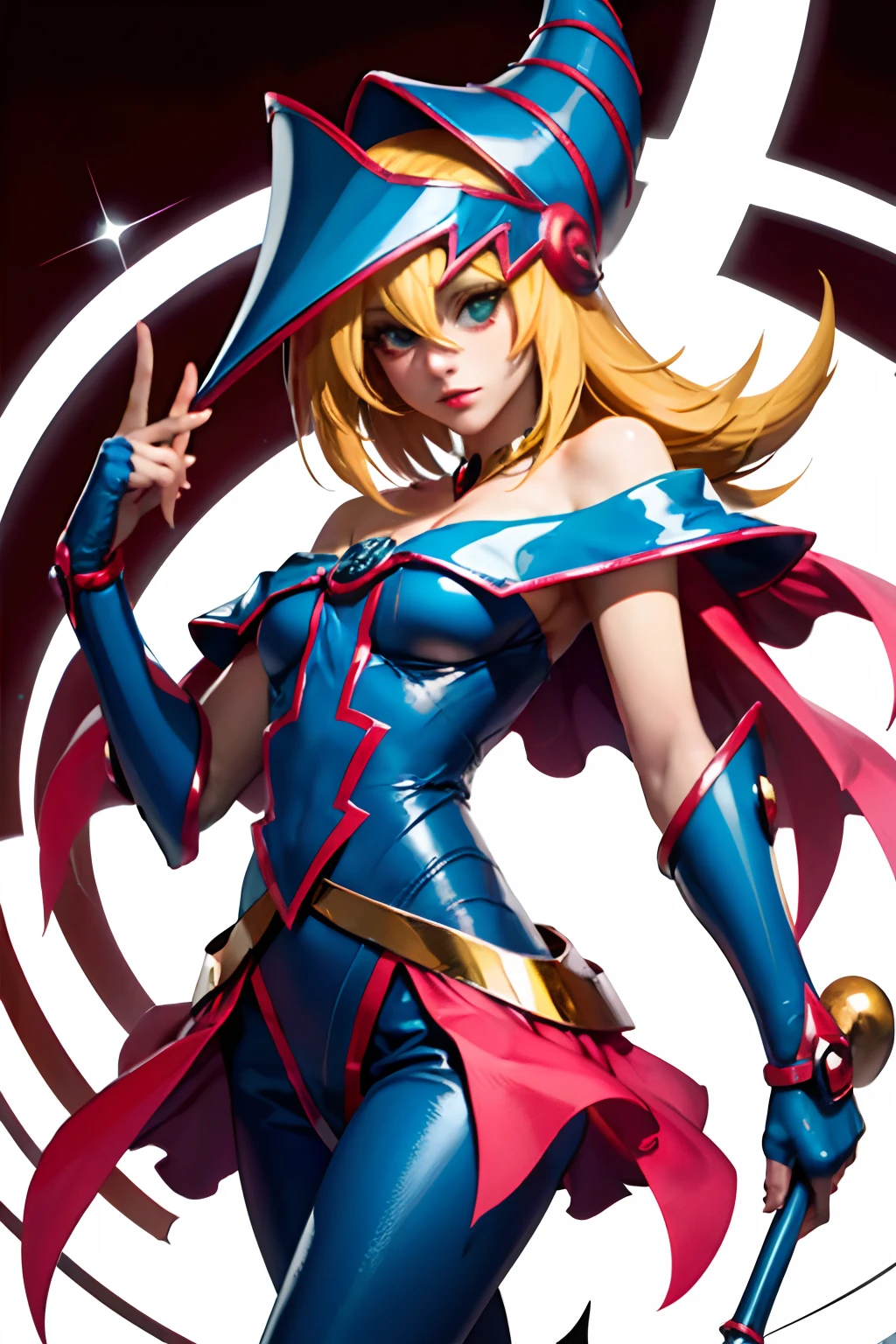 Hermosa dark magician girl (Masterpiece: 1.2, The best quality), (1 , only), big breasts, (dynamic posture), (shiny skin, crimson red skin), crimson red skin, Dark Magician Girl Demon Version Sezy, Redskin, Thin and lace gloves, ( small demonic horns:1.1), (Lilith \(Darkstalkers\)), (sky), fringe, (jewely, golden ornament:1.15 ), pelvis grande, blue (shackles:1.1) Dark Magician Girl Sexy Demon Version