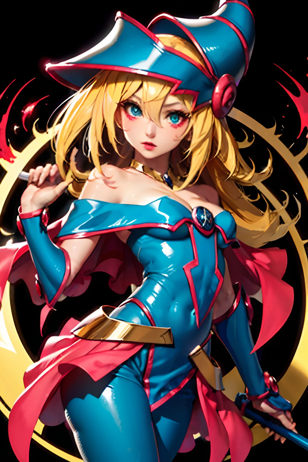 Hermosa dark magician girl (Obra maestra: 1.2, La mejor calidad), (1 Loli, solamente), grandes senos, (Dynamic posture), (piel brillante, crimson red skin), crimson red skin, Dark Magician Girl Demon Version Sezy, piel roja, Guantes finos y de encaje, ( small demonic horns:1.1), (Lilith \(Darkstalkers\)), (Cielo), fleco, (jewely, Adorno dorado:1.15 ), pelvis grande, azul (pantys:1.1) Dark Magician Girl Sexy Demon Version