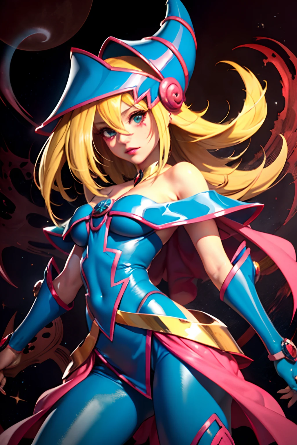 Hermosa dark magician girl (Masterpiece: 1.2, The best quality), (1 , only), big breasts, (dynamic posture), (shiny skin, crimson red skin), crimson red skin, Dark Magician Girl Demon Version Sezy, Redskin, Thin and lace gloves, ( small demonic horns:1.1), (Lilith \(Darkstalkers\)), (sky), fringe, (jewely, golden ornament:1.15 ), pelvis grande, blue (shackles:1.1) Dark Magician Girl Sexy Demon Version