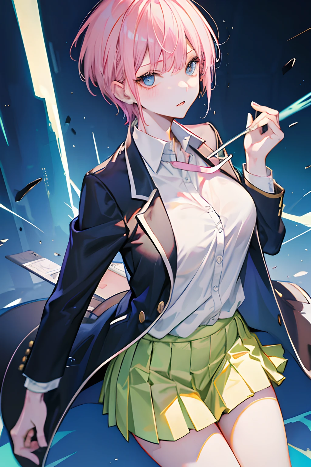 nsfw,Bare breasts,large breasts, black blazer,blazer collar in white line, Unbuttoned white shirt,yelliow clothes around waist, ,white shirts,light green skirt,very short socks,open jacket,very short hair, pink hair, short cut, floating,ear, solo,blue eyes,short sideburns